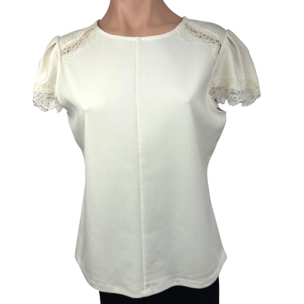 Ann Taylor Sz M Creme White Top Blouse Cap Sleeve Lace Polyester/Spandex